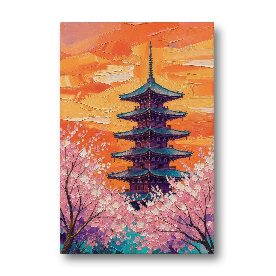 Japanese Cherry Blossom Painting with Pagoda at Sunset - Canvas Wall Art - Front
