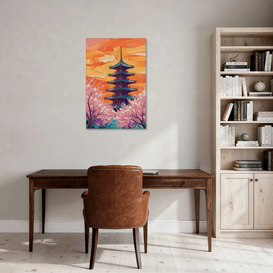 Japanese Cherry Blossom Painting with Pagoda at Sunset - Canvas Wall Art - Office - 24x36