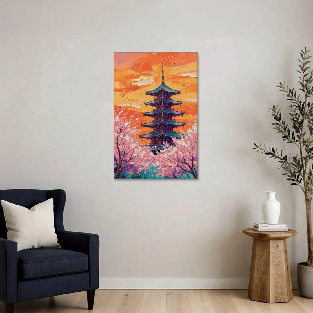 Japanese Cherry Blossom Painting with Pagoda at Sunset - Canvas Wall Art - Sofa - 24x36