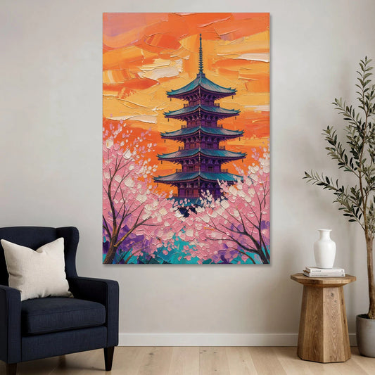 Japanese Cherry Blossom Painting with Pagoda at Sunset - Canvas Wall Art - Sofa - 40x60