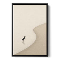 Japanese Minimalist Art of a Heron in the Shallows - Black Framed Canvas Wall Art - Front