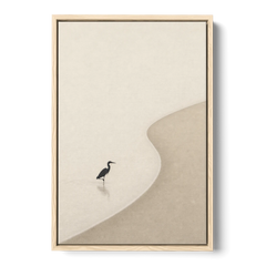 Japanese Minimalist Art of a Heron in the Shallows - Oak Framed Canvas Wall Art - Front