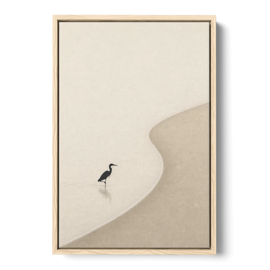 Japanese Minimalist Art of a Heron in the Shallows - Oak Framed Canvas Wall Art - Front