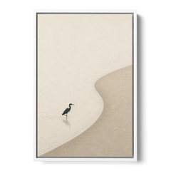 Japanese Minimalist Art of a Heron in the Shallows - White Framed Canvas Wall Art - Front