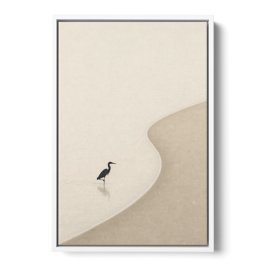 Japanese Minimalist Art of a Heron in the Shallows - White Framed Canvas Wall Art - Front