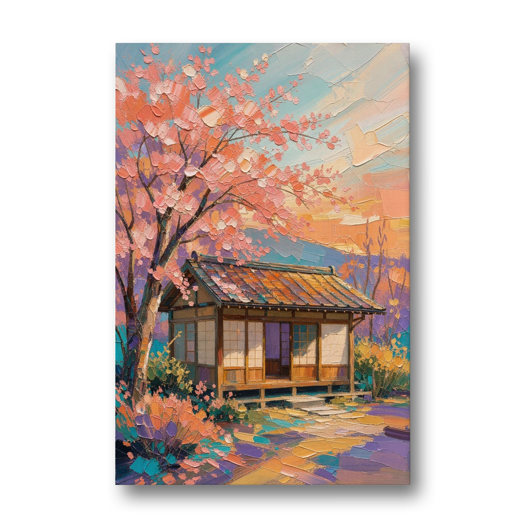 Japanese Teahouse Under Cherry Blossom - Canvas Wall Art - Front