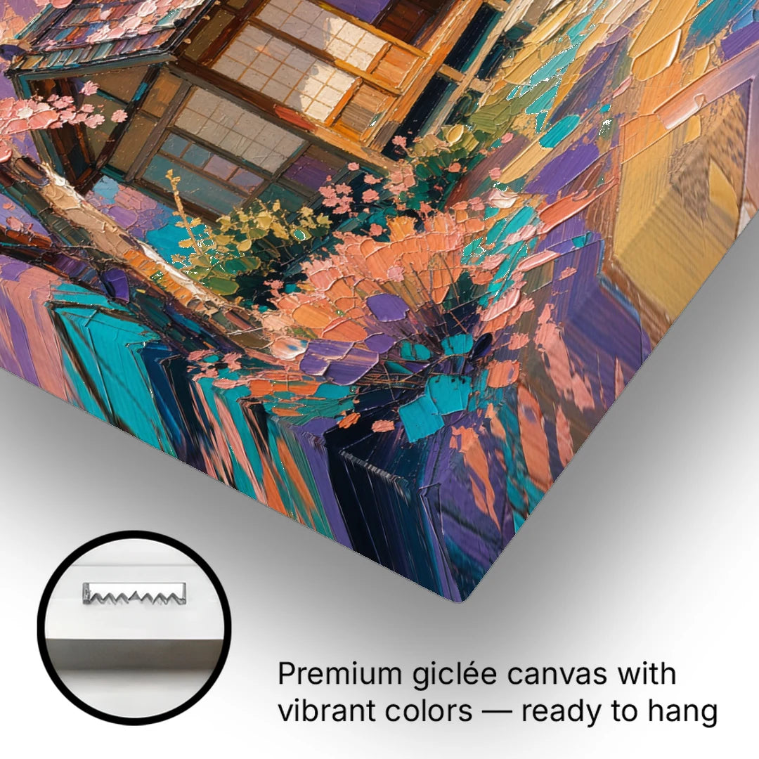 Japanese Teahouse Under Cherry Blossom - Canvas Wall Art - Gallery Wrap Corner