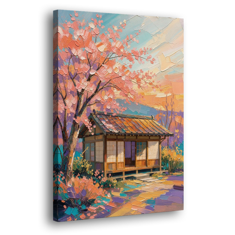 Japanese Teahouse Under Cherry Blossom for the Living Room - Canvas Wall Art