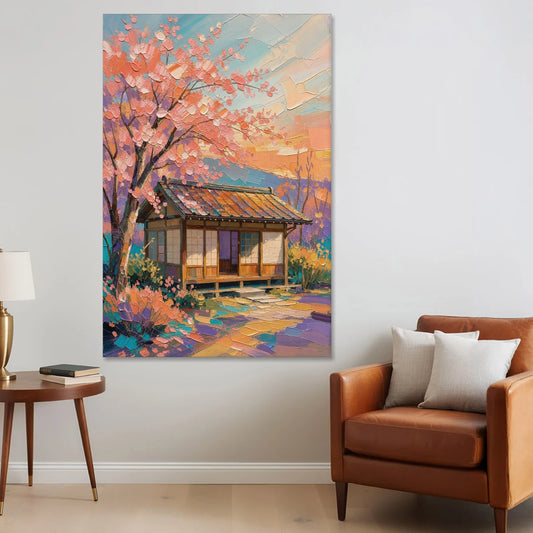 Japanese Teahouse Under Cherry Blossom for the Living Room - Canvas Wall Art - Sofa - 40x60