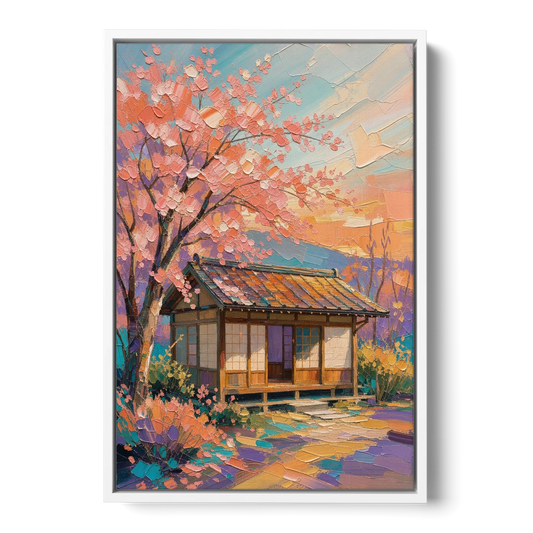 Japanese Teahouse Under Cherry Blossom for the Living Room - White Framed Canvas Wall Art - Front