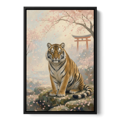 Zen Garden Japanese Tiger Art Beneath Cherry Blossoms - Black Framed Canvas Wall Art - Front