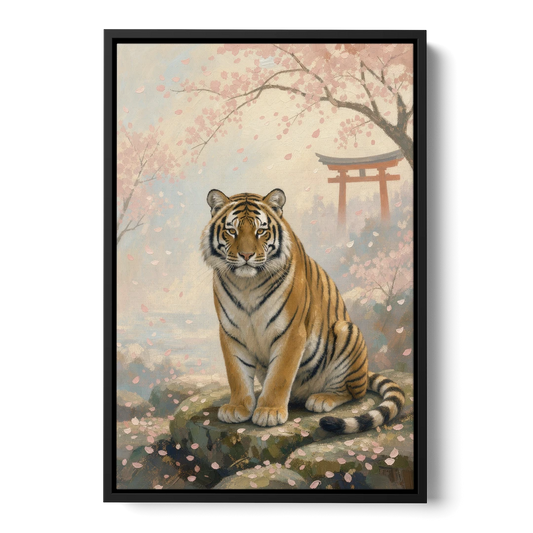 Zen Garden Japanese Tiger Art Beneath Cherry Blossoms - Black Framed Canvas Wall Art - Front
