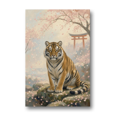 Zen Garden Japanese Tiger Art Beneath Cherry Blossoms - Canvas Wall Art - Front