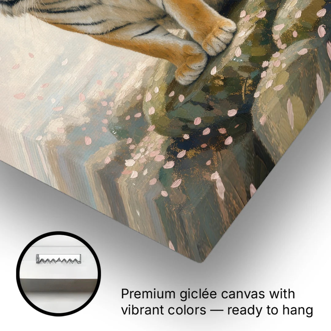 Japanese Tiger Art Beneath Cherry Blossoms - Canvas Wall Art - Gallery Wrap Corner