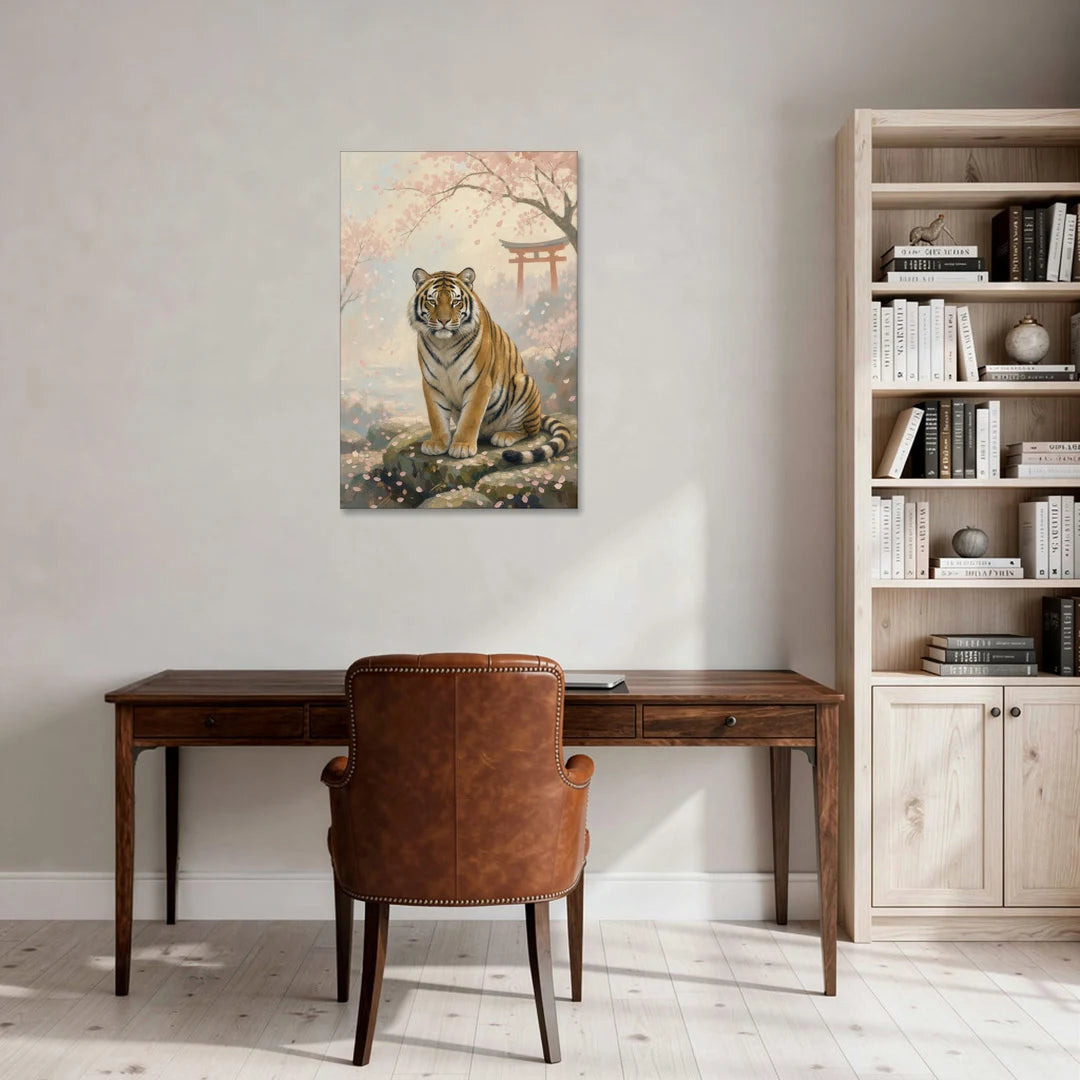 Japanese Tiger Art Beneath Cherry Blossoms - Canvas Wall Art - Office - 24x36