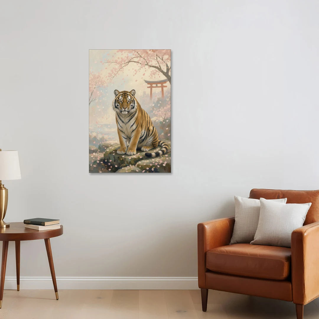 Japanese Tiger Art Beneath Cherry Blossoms - Canvas Wall Art - Sofa - 24x36