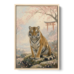 Zen Garden Japanese Tiger Art Beneath Cherry Blossoms - Oak Framed Canvas Wall Art - Front