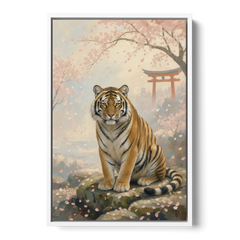 Zen Garden Japanese Tiger Art Beneath Cherry Blossoms - White Framed Canvas Wall Art - Front