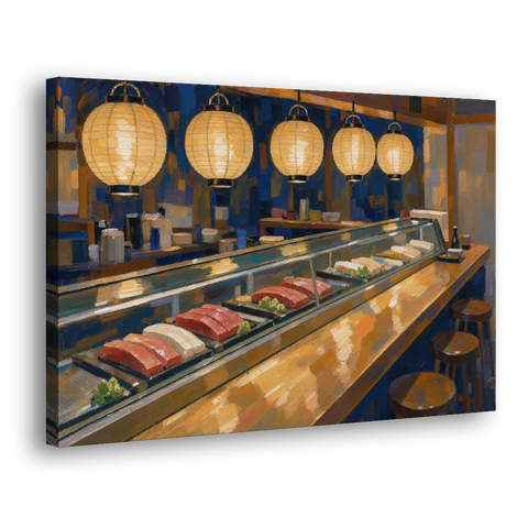 Japanese Wall Art Sushi Counter Under Paper Lanterns - Canvas Wall Art - Side