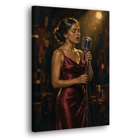Jazz Wall Art of a Singer in Oxblood Satin - Canvas Wall Art - Side