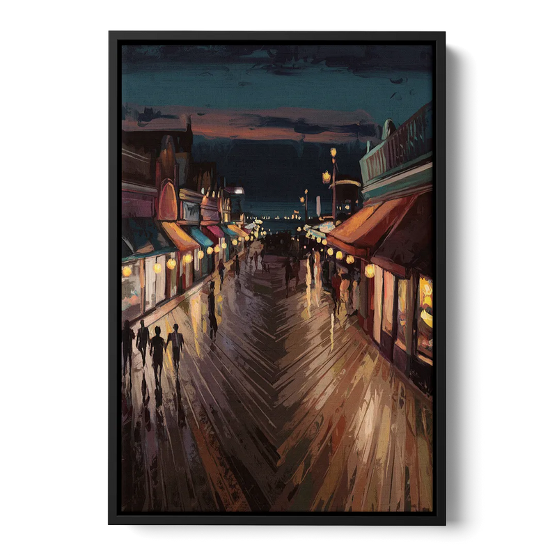 Jersey City Boardwalk Scene Front - Black Canvas Wall Art