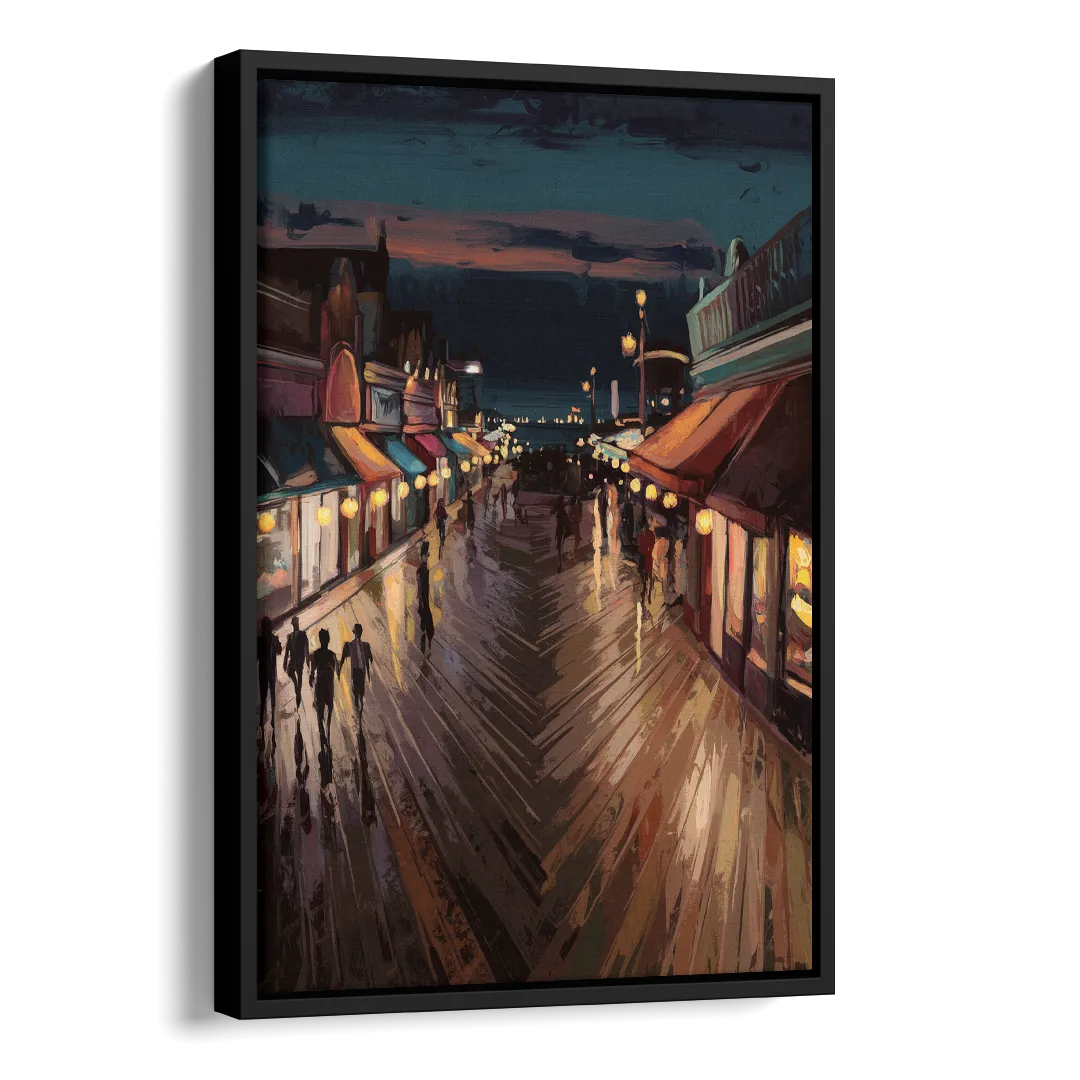 Jersey City Boardwalk Scene Side - Black Canvas Wall Art
