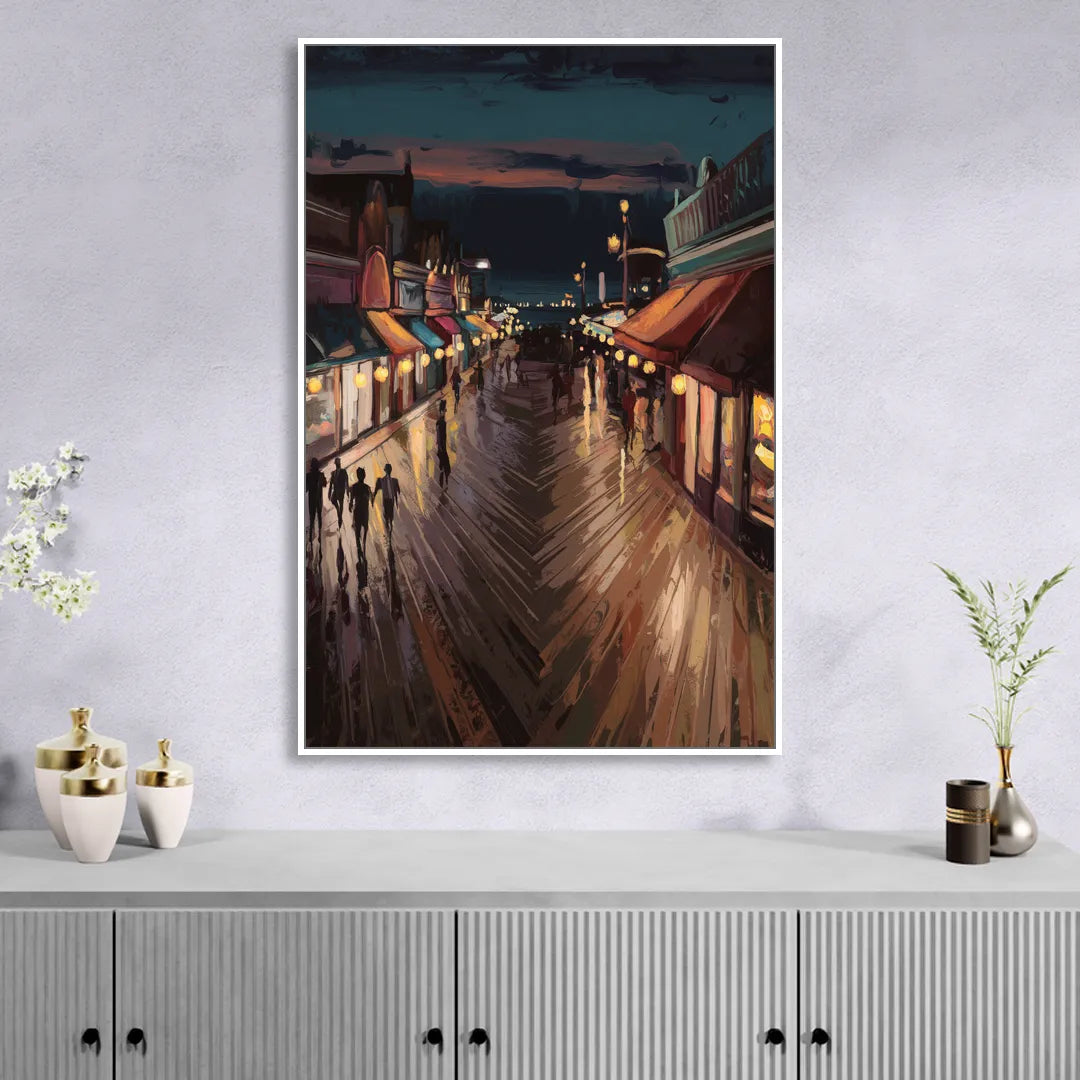 Jersey City Boardwalk Scene Sitting Room - White Canvas Wall Art