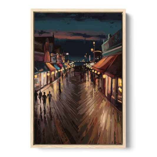 Jersey City Boardwalk Scene - Oak Framed Canvas Wall Art - Front