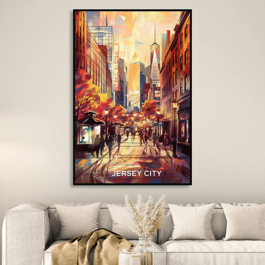 Jersey City Downtown Streetscape Living Room - Black Canvas Wall Art