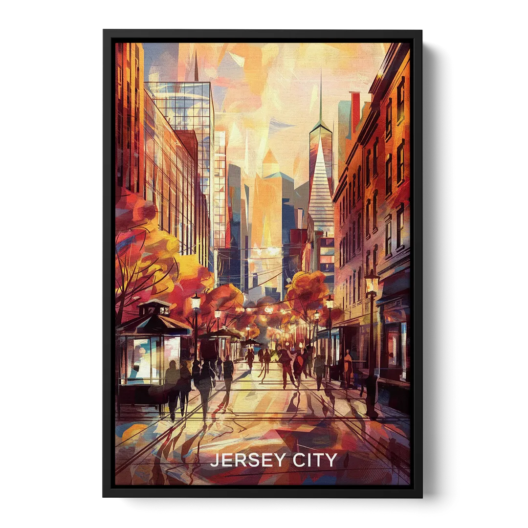 Jersey City Downtown Streetscape Front - Black Canvas Wall Art