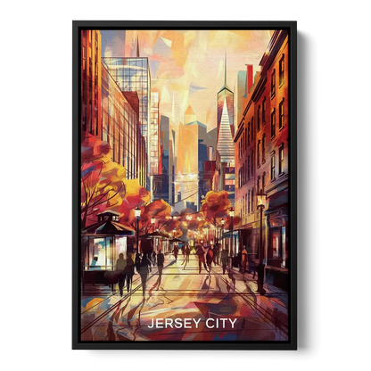 Jersey City Downtown Streetscape Front - Black Canvas Wall Art