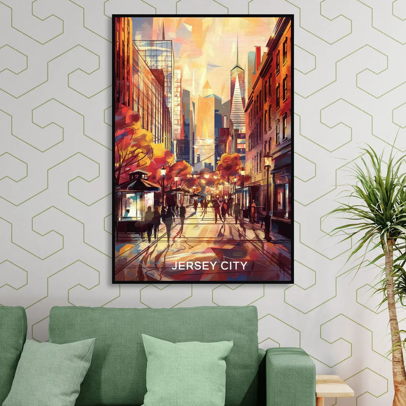 Jersey City Downtown Streetscape Sitting Room - Black Canvas Wall Art