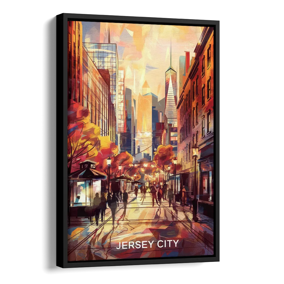 Jersey City Downtown Streetscape Side - Black Canvas Wall Art