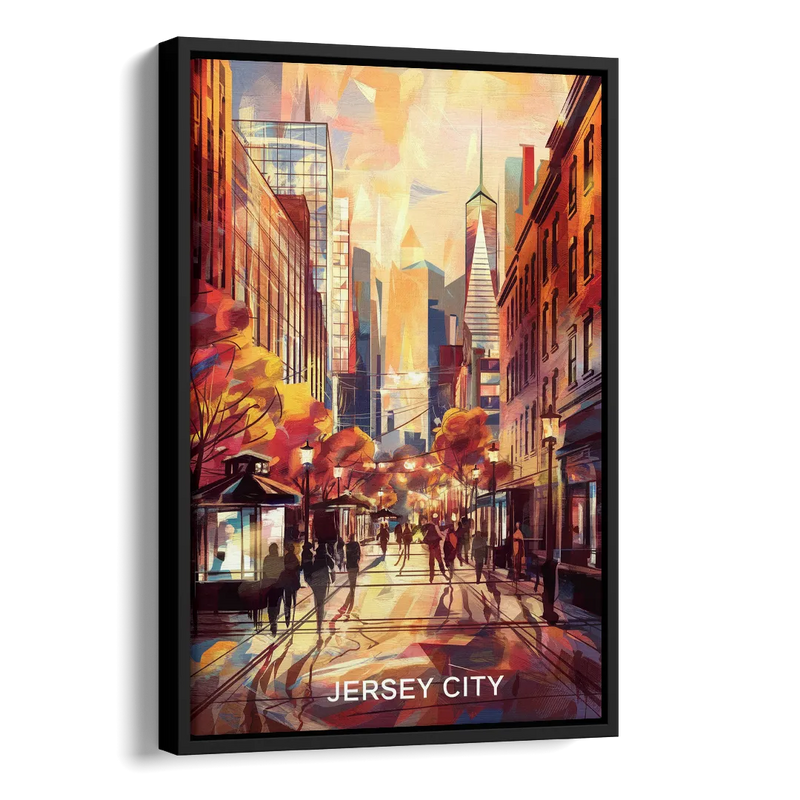 Jersey City Downtown Streetscape Side - Black Canvas Wall Art