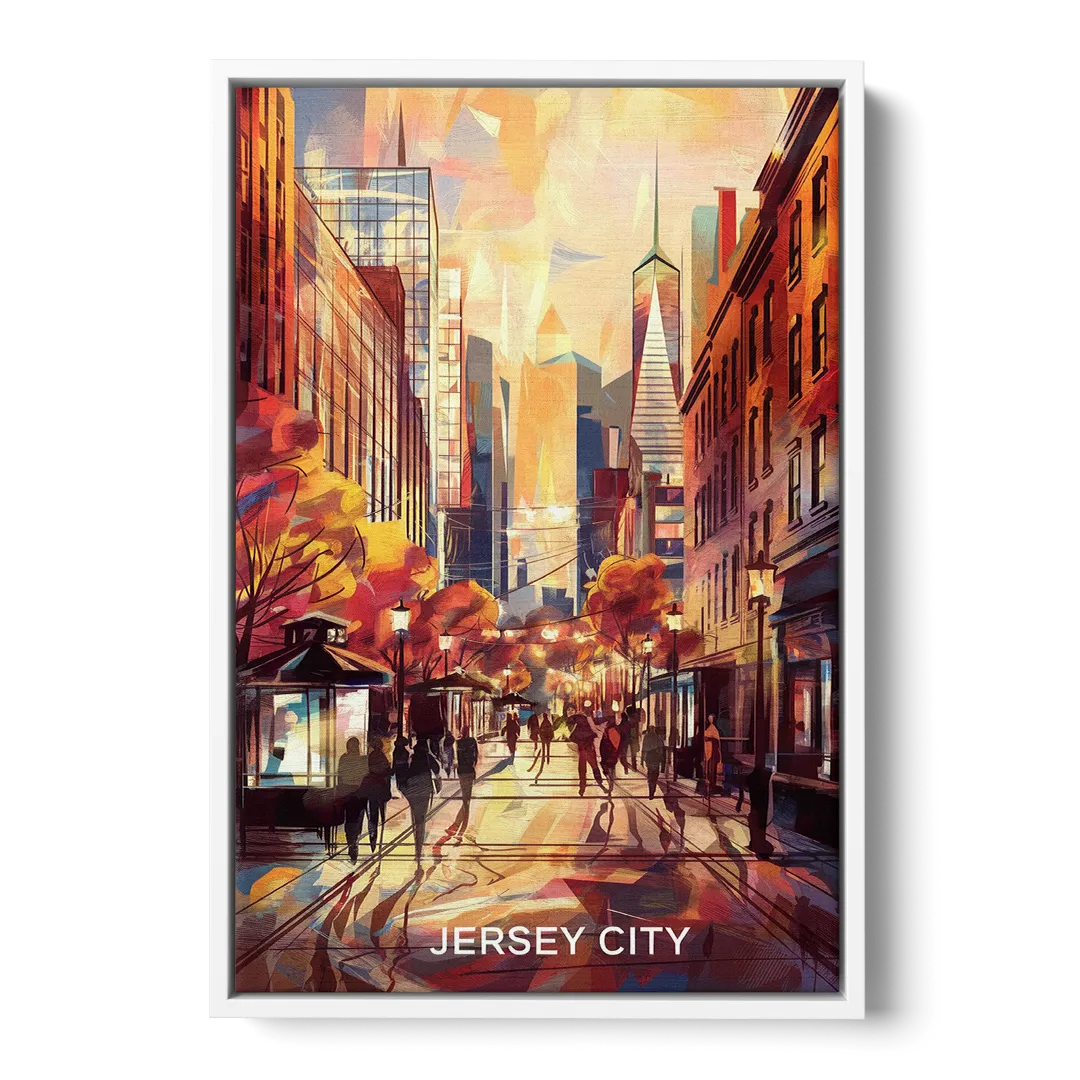 Jersey City Downtown Streetscape Front - White Canvas Wall Art