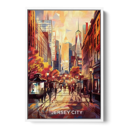 Jersey City Downtown Streetscape Front - White Canvas Wall Art