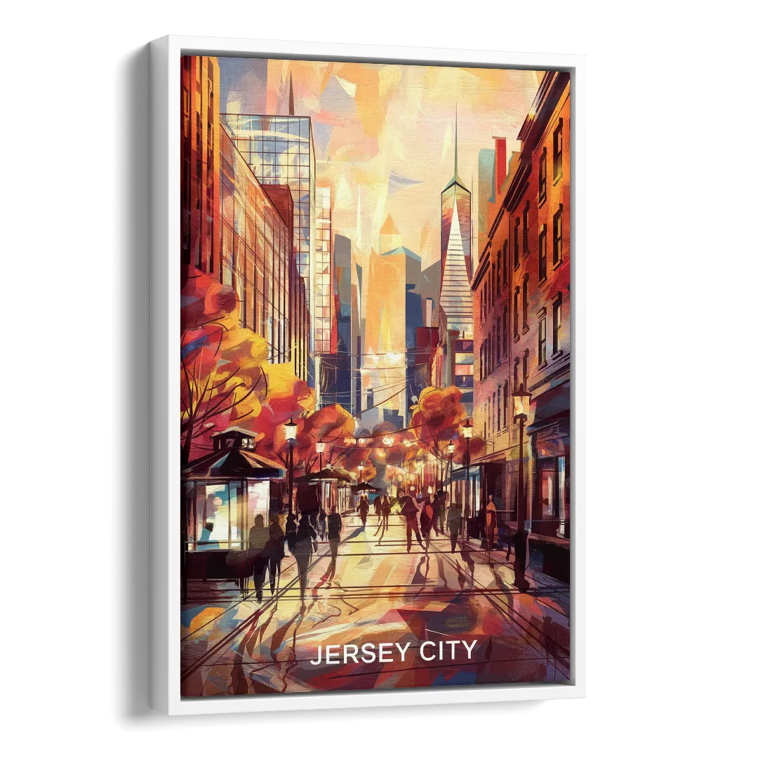 Jersey City Downtown Streetscape Side - White Canvas Wall Art