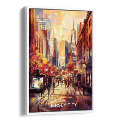 Jersey City Downtown Streetscape Side - White Canvas Wall Art