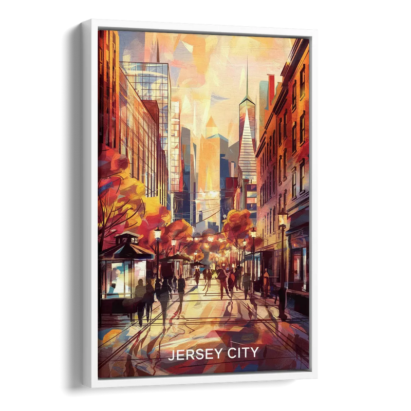 Jersey City Downtown Streetscape Side - White Canvas Wall Art
