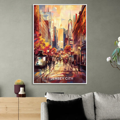 Jersey City Downtown Streetscape Sitting Room - White Canvas Wall Art