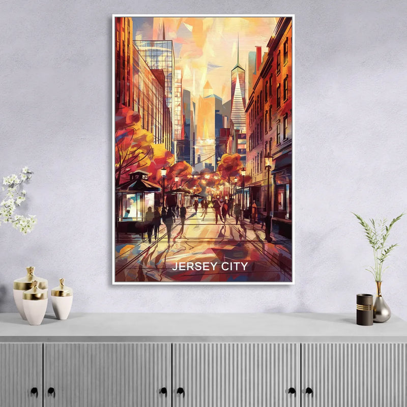 Jersey City Downtown Streetscape Living Room - White Canvas Wall Art