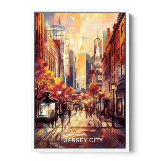 Jersey City Downtown Streetscape - White Framed Canvas Wall Art - Front