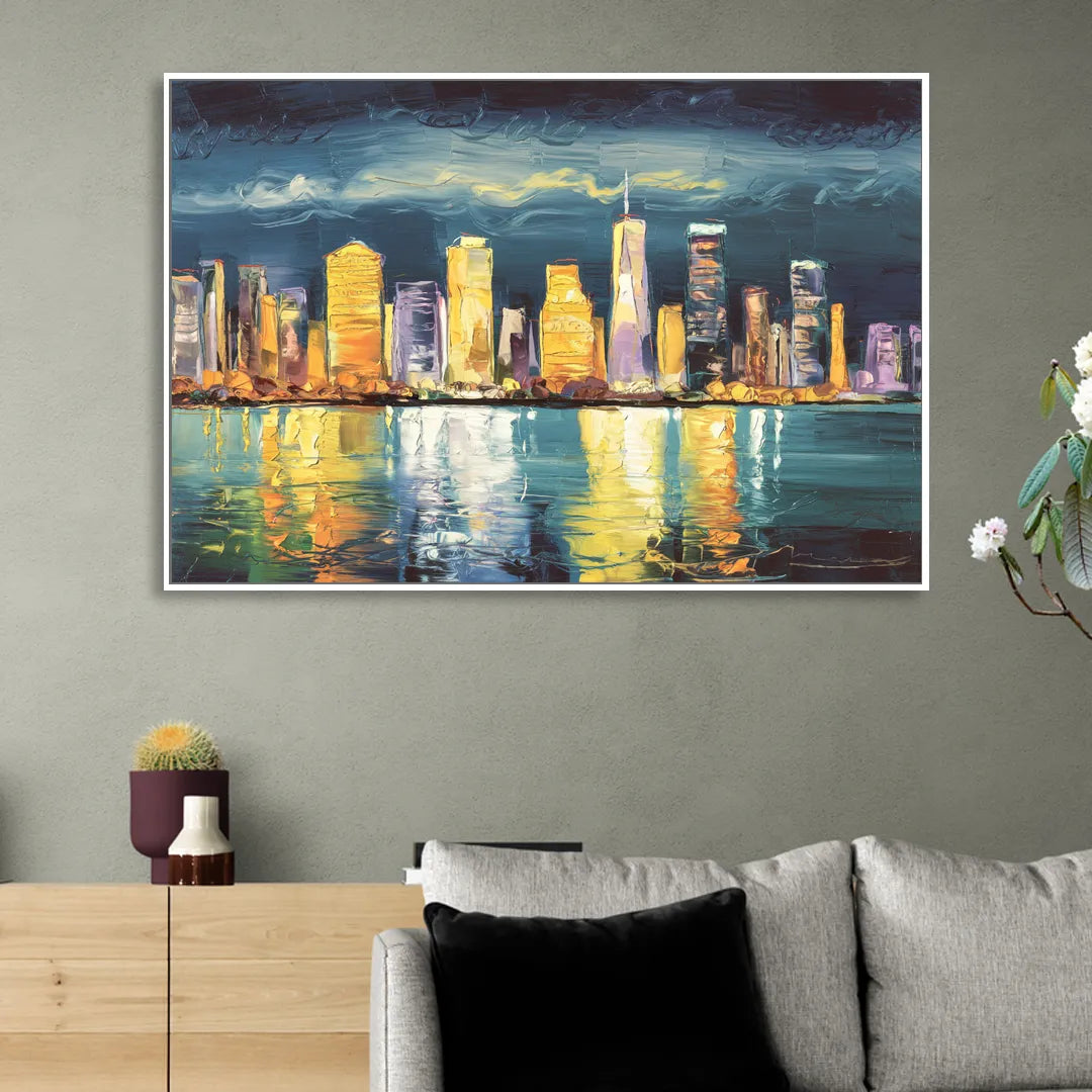 Jersey City Night Lights Sitting Room - White Canvas Wall Art