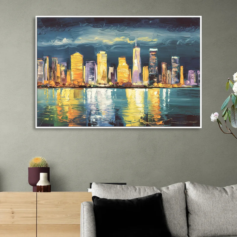 Jersey City Night Lights Sitting Room - White Canvas Wall Art