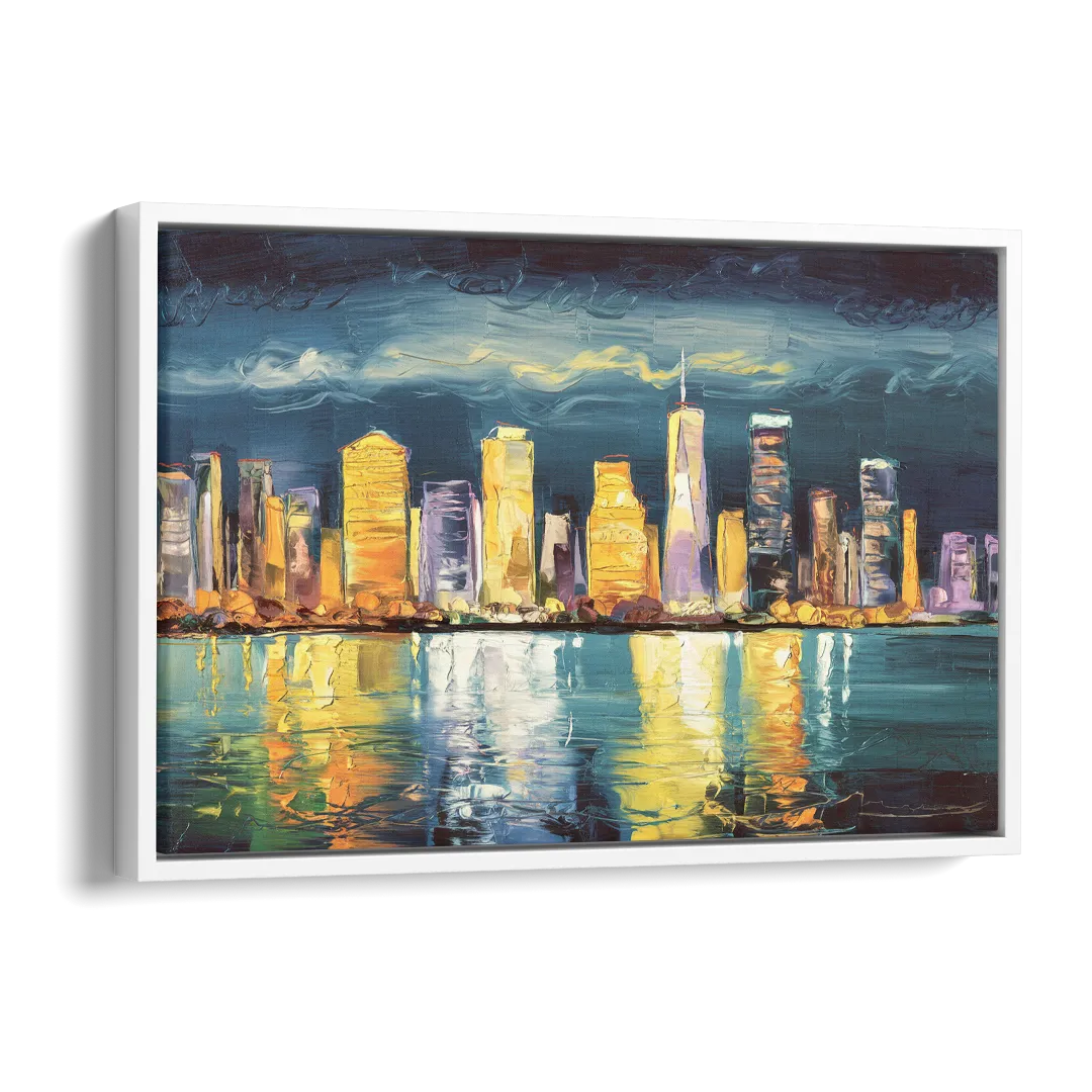 Jersey City Night Lights Side - White Canvas Wall Art
