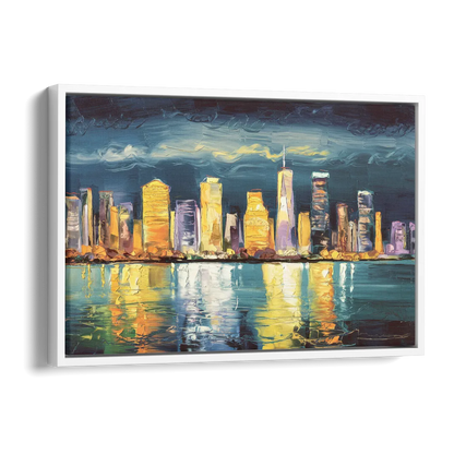 Jersey City Night Lights Side - White Canvas Wall Art