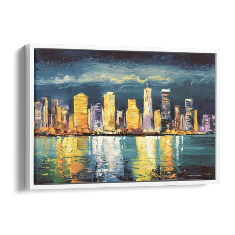 Jersey City Night Lights Side - White Canvas Wall Art