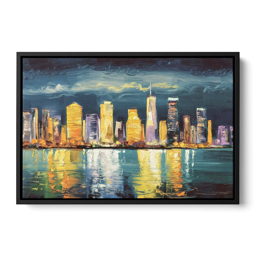 Jersey City Night Lights Front - Black Canvas Wall Art