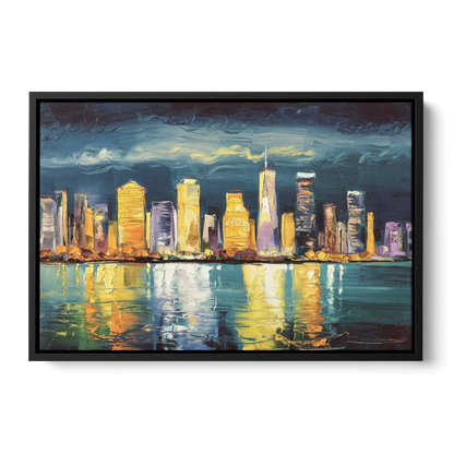 Jersey City Night Lights Front - Black Canvas Wall Art