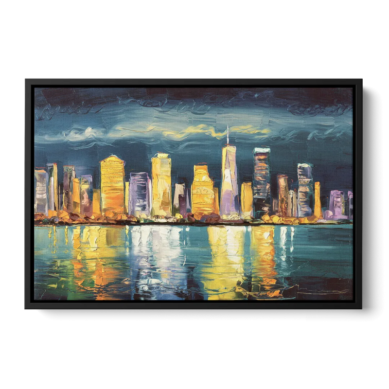 Jersey City Night Lights Front - Black Canvas Wall Art